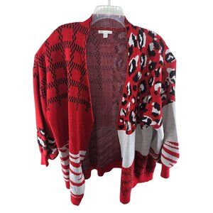 Cato Women's Knit Cardigan Sweater Open Front Mixed Print Red Black  Size 26/28W